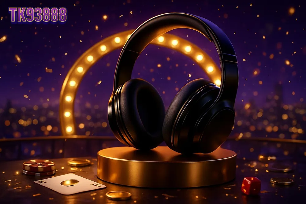 TK93888 app โ glossy headset displayed on rooftop terrace at night TK93888 app โ glossy headset displayed on rooftop terrace at night