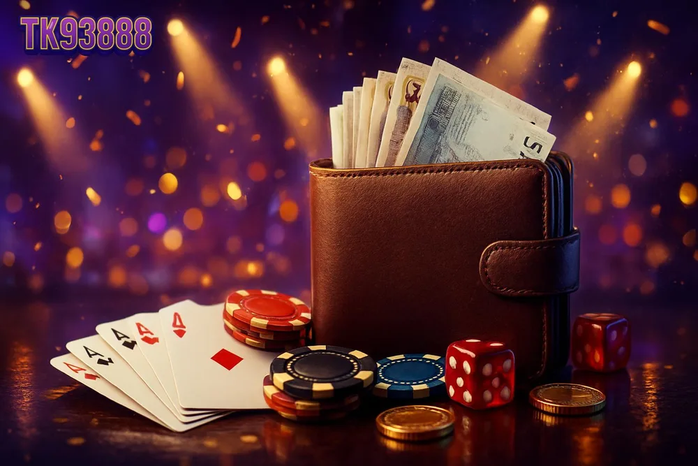 TK93888 bKash deposit — leather wallet fanned with banknotes on stage TK93888 bKash deposit — leather wallet fanned with banknotes on stage