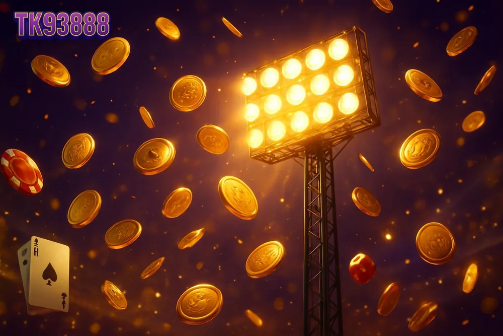 TK93888 cricket betting — glowing floodlight tower inside mirrored golden hall