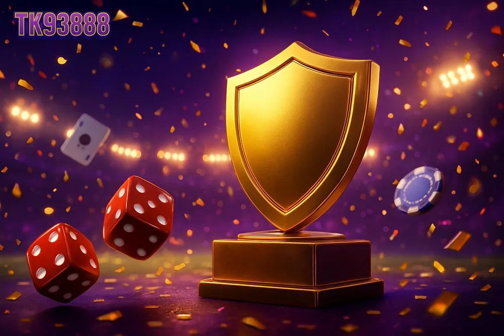 TK93888 login — golden shield medal glowing on a floodlit pitch