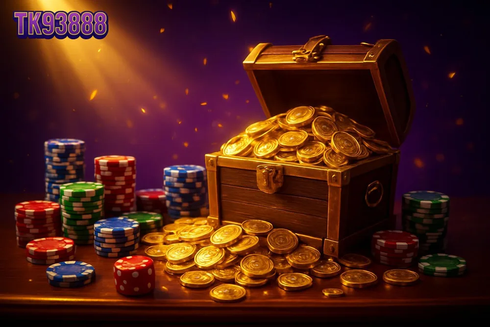 TK93888 signup bonus — treasure chest overflowing with coins on bar counter
